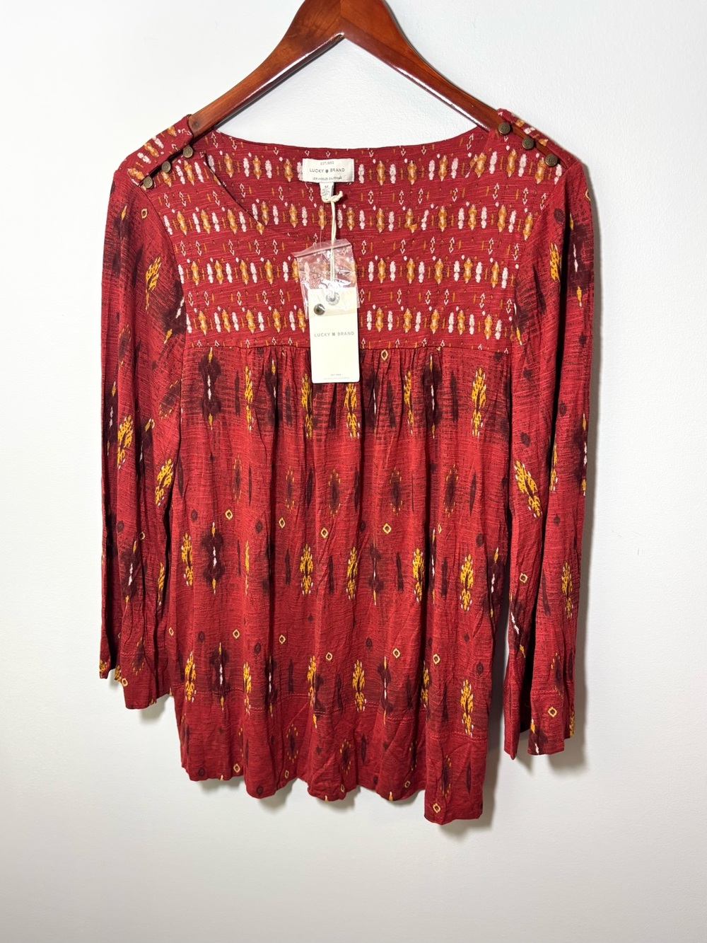 NWT Burnt Orange Top Viscose Lucky Brand Ikat Boho Fall Tunic Flowy M - Picture 8 of 8